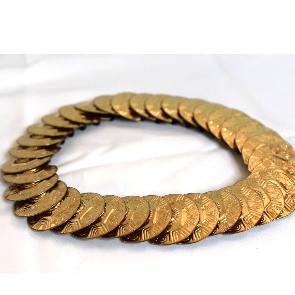 VTG 80's Hipster Metal Medallion Coin Gold Tone 25" Boho Grunge Stretch Belt